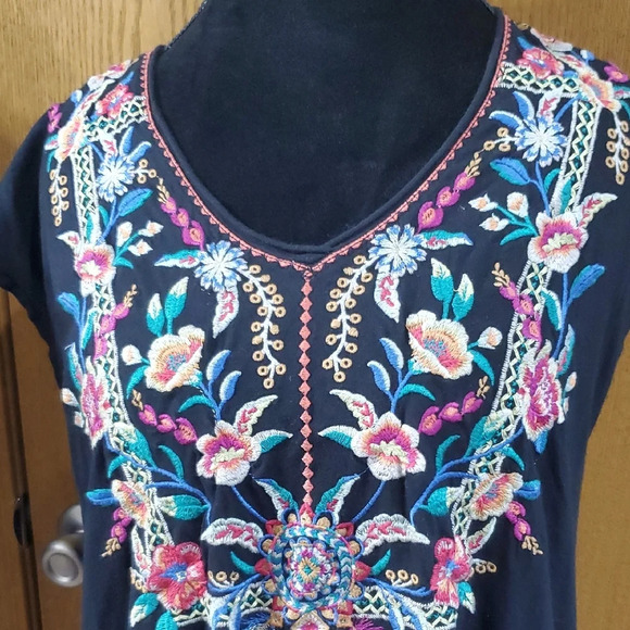Johnny Was Pink and Black Floral Feather Embroidered Midi Dress - Picture 3 of 11